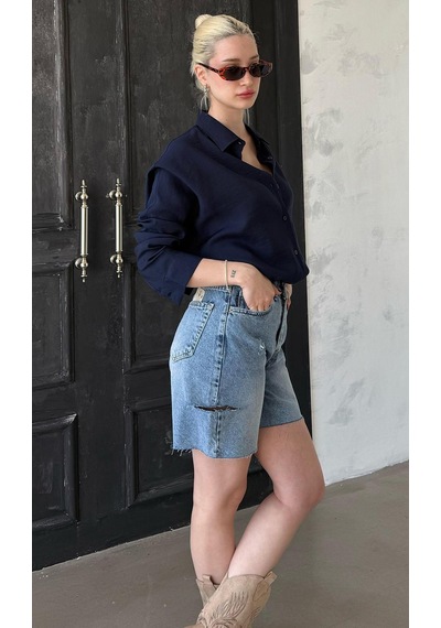 Madmext Mavi Yüksek Bel Yandan Yırtık Kot Şort Mg1477 Mavi