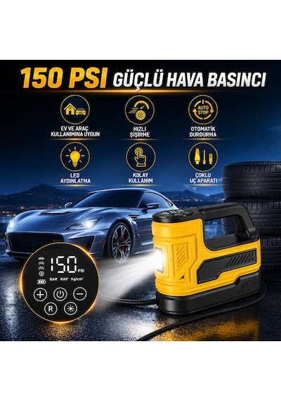 Araç Lastik Hava Kompresörü 150 Psı 12v Çakmaklık Girişli Taşınabilir Dijital Göstergeli Led Işıklı Hava Pompası Sarı