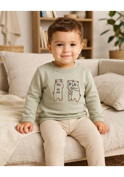 Tuffy Çağla Yeşili Erkek Bebek Triko Kol Detaylı Saklambaç Temalı Açık Yeşil Sweatshirt