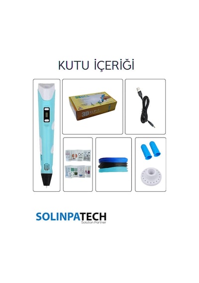 Mavi 3D Kalem 3D Pen 3 Boyutlu Yazıcı Kalem 3 Renk 9 Metre Filament + USB KABLO