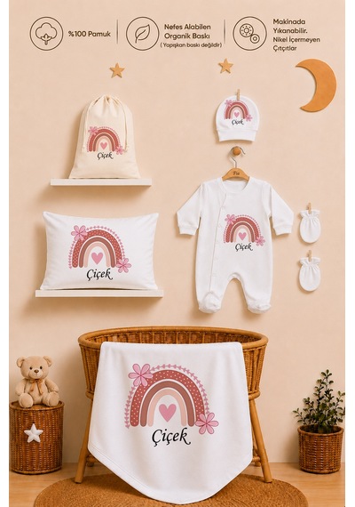 Pia Baby Kız Bebek Hastane Çıkışı 12 Parça %100 Pamuk İsme Özel Organik Baskılı Kese Hediyeli 100311k3x Ekru