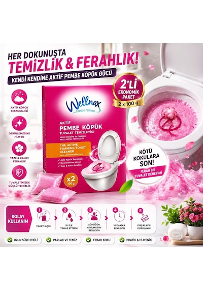 2 Li Aktif Pembe Köpük Tuvalet Temizleyici 2x100 Gr Köpüren Klozet Temizlik Tozu, Pratik Kullanım Ve Ferah Koku
