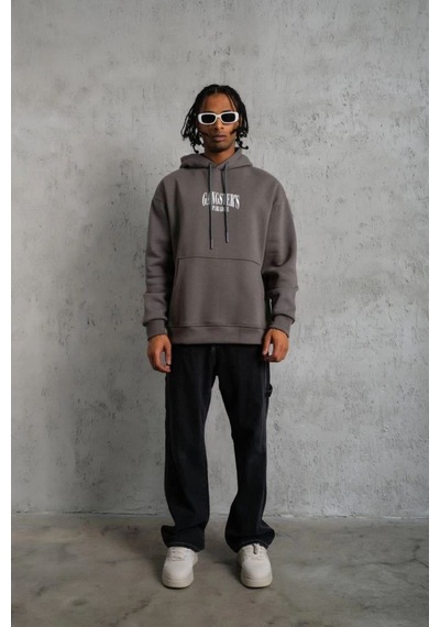 Mbb E-ticaret Erkek 3 İplik Pamuklu Baskılı Kapüşonlu Cepli Sweatshirt Hoodie - Gri