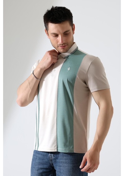 Rıbana Classıc Erkek Çizgili Şerit Detaylı Pamuklu Polo Yaka T-shirt Ekru
