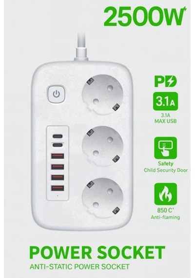 Akım Korumalı Priz Ve Masaüstü Şarj İstasyonu Kablosuz 3 Priz ,4 Usb, 2 Type-c Girişli 2 Metre 0-2