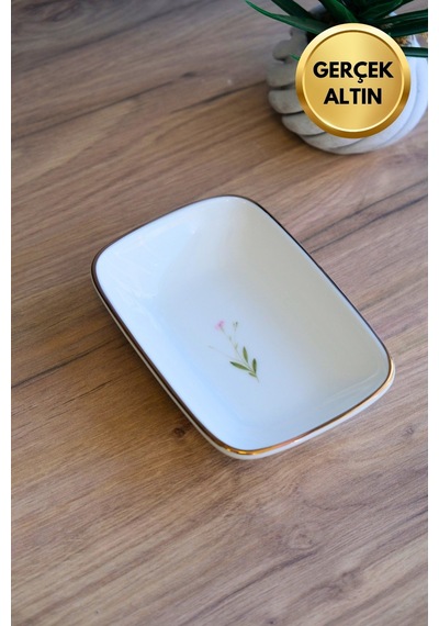 Tabak Evi Porselen Natura Çuha Altın Yaldızlı Dikdörtgen Kayık Tabak 14x9,8cm Tekli Çok Renkli