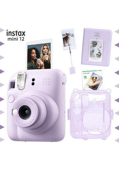 Fujifilm Instax Mini 12 Fotoğraf Makinesi + 10'lu Film + Kıskaçlı Stand + Pvc Albüm + Simli Pleksi Kılıf Seti Lila