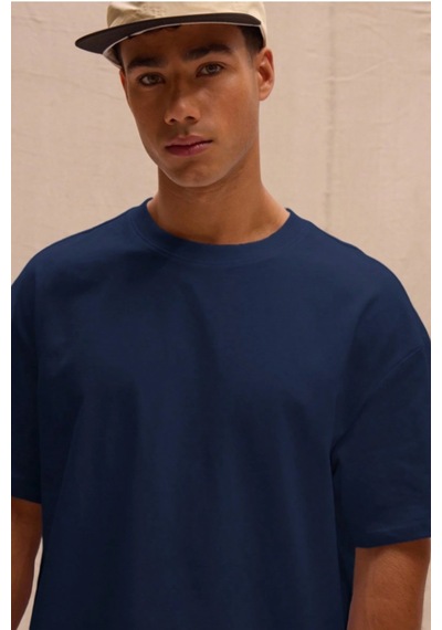 Erkek %100 Organik Pamuklu Kalın Dokulu Comfort Fit Bisiklet Yakalı T-shirt Lacivert