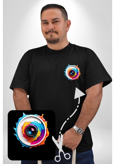 Angemiel Fotoğraf Makinesi Camera Lens Siyah Büyük Beden Kadın Basic Minimal Baskılı Tişört Siyah