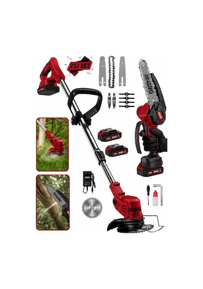 Dragro Drg-21v 2'li Set 21v Çift Akü R Uzatmalı Kollu Çalı Ot Biçme Şarjlı Tırpan Ve Testere 2 Akülü