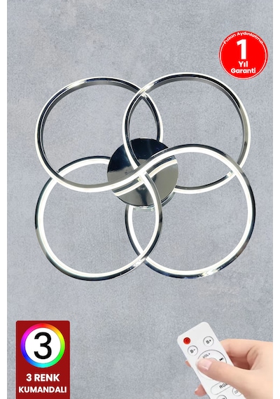 Fuzon 3 Renk Plafonyer Kumandalı Krom Kasa Led Avize Modern Lavinia Led Gümüş
