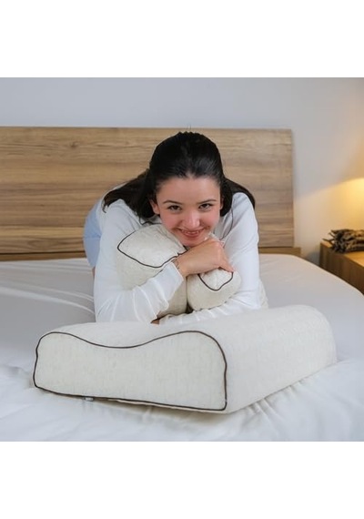 Ortopedik Visco Yastık Boyun Destekli Yastık Visko Atella Doğal Keten Kılıflı 60x40x14-12 Cm