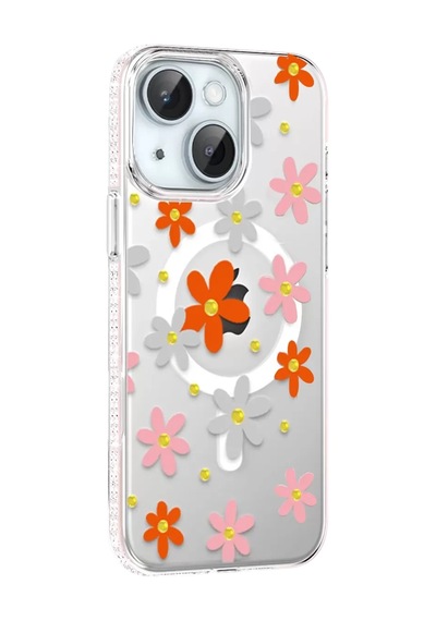 Joko Apple Apple iPhone Uyumlu  14 Floral Magsafe Kapak - Turuncu