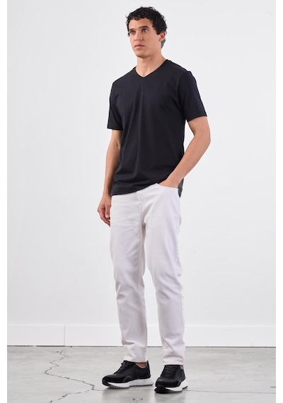 Dufy Siyah V Yaka Pamuklu Düz Renk Slim Fit Erkek T-shirt Siyah