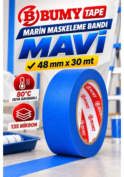 Bumy Mavi Maskeleme Bandı 48 Mm X 30 Metre Marin Boya Bantı Isıya Dayanıklı Bant Kağıt Bantları