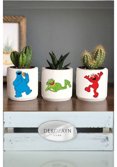 Susam Sokağı Desenli Saksı Üçlü Set- Küçük Boy Sukulent Saksısı Kalemlik Hediyelik