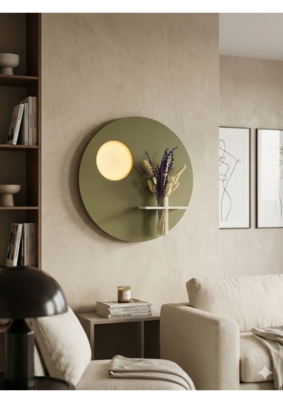 Sümbül 50 Cm Ahşap Pilli Ledli İskandinav Tarzı Duvar Rafı Modern Çiçeklik Haki