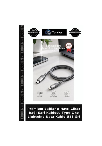 Premium Bağlantı Hattı Cihaz Bağı Şarj Kablosu Type-c To Lightning Data Kablo U18 Gri