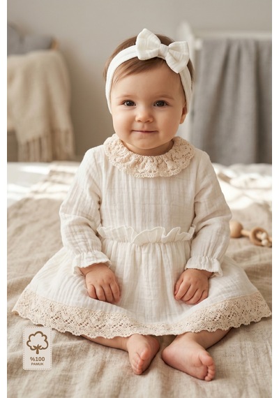 Minory Baby - %100 Pamuk Müslin Dantel Detaylı Elbise & Saç Bandı Seti Bej Bej