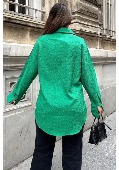 WeShaya Kadın Yeşil Basic Model, Gofre Kumaş, Salaş Gömlek Benetton