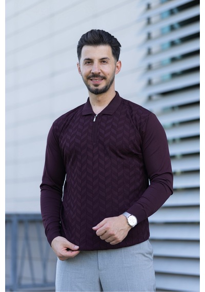 Hk Premium Erkek Triko Kazak Zikzak Desenli Polo Yaka Fermuarlı Slim Fit Bordo