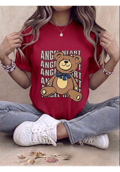 Unisex Ayıcık Baskılı Kompakt T-shirt Kırmızı