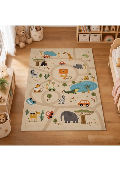 Kartela Halı Safari Yolculuğu Kaymaz Taban Çocuk Oyun Halısı - 120 X 180 Cm Çok Renkli