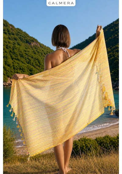 Calmera Etnika Peştemal İnce - Renkli Saçaklı Plaj Pareo, Deniz, Havuz, Yoga, Kamp, Pilates Havlusu - Sarı
