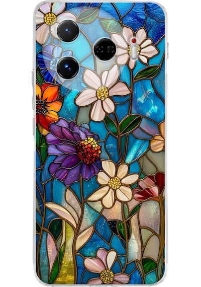 Printify Tecno Camon 30 Pro 5g İle Uyumlu Vitray Mavi Bahar Tasarımlı Şeffaf Silikon Kılıf Şeffaf