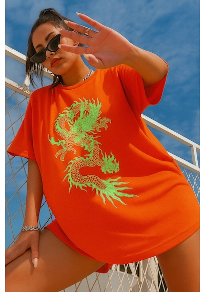 Ejderha Baskılı Oversize T-shirt Turuncu