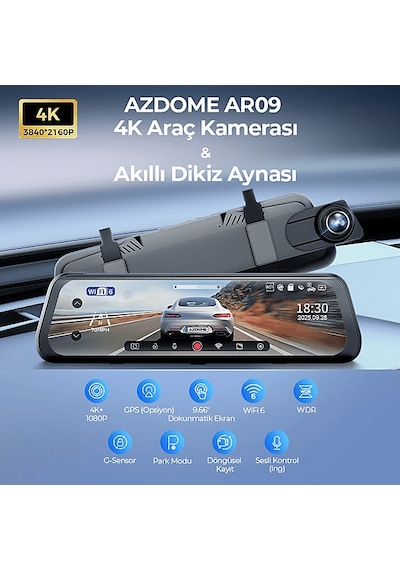Azdome Ar09 4k 2 Kameralı 9.6 İnç Dokunmatik Ekran Tam Ayna Araç İçi Kamera