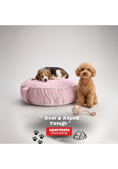 Xpermate Fermuarlı Kedi ve Köpek Minderi Yuvarlak Kedi Minderi Yıkanabilir Kedi Köpek Yatağı Pembe