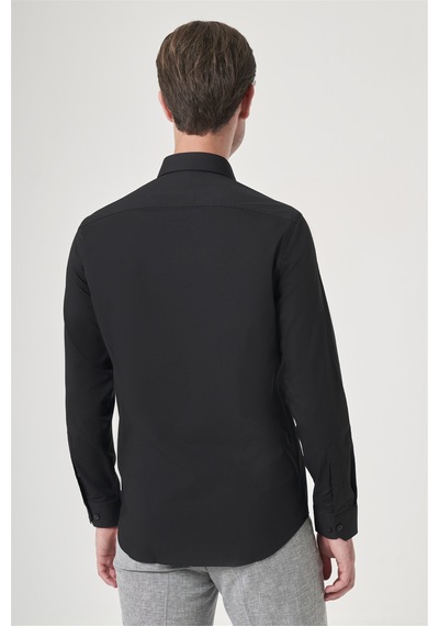 İmza Siyah Sert Yaka Uzun Kol Cepsiz Slim Fit Pamuklu Gömlek 1004260181