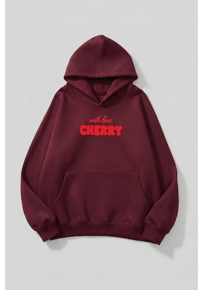 Uyguntarz Unisex Yumuşak Dokulu With Love Cherry Baskılı Tasarım Oversize 3 İplik Hoodie Sweatshirt Bordo