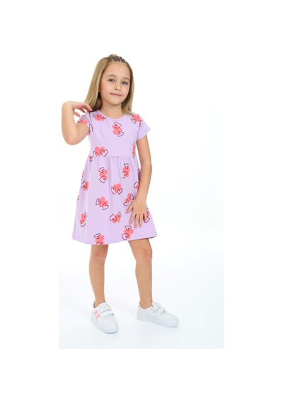 Toontoy Kız Çocuk Baskılı Relax Fit Bisiklet Yaka Kısa Kollu Elbise Lila