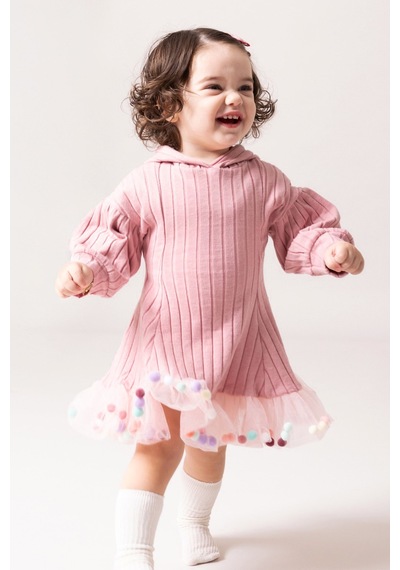 Babymod Kapüşonlu Fiyonklu 100% Pamuk Kız Bebek Elbise Pembe