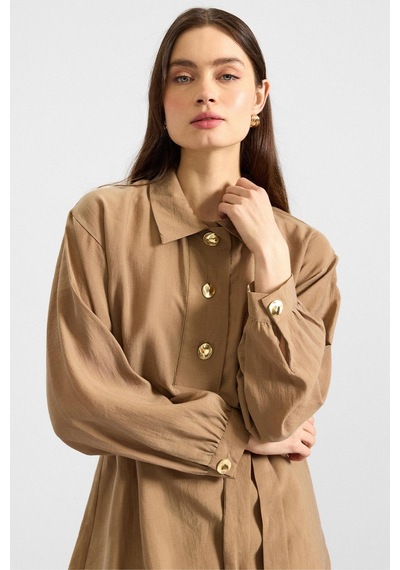 Olcay Metal Düğmeli Soft Kumaş Tunik Pantolon İkili Takım Kamel 9397-tk