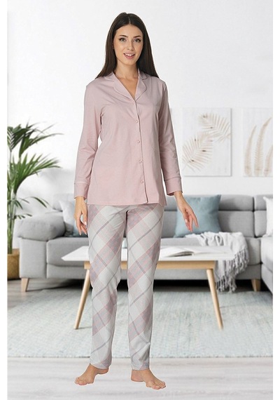 Effortt Ekose Desenli Önden Düğmeli Pudra Lohusa Pijama Takımı Pembe