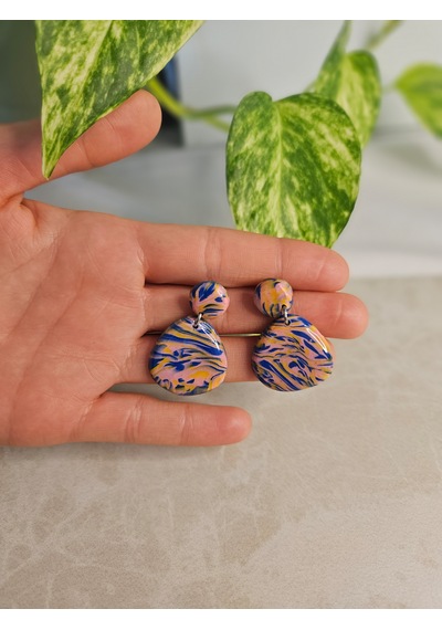 El Yapımı Polimer Kil Küpe - Paslanmaz Çelik Aparatlı Ebru Desenli Damla Sallantılı Küpe Marble Drop Ebruli