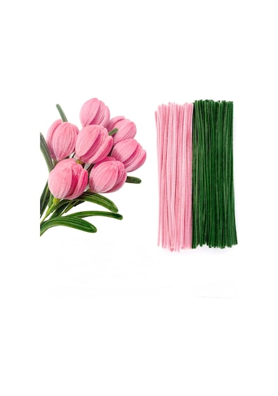 100 Adet Pembe Ve Koyu Yeşil Renkli Şönil , Çiçek Yapım Seti, Tüylü Tel, 30 Cm, Peluş Te