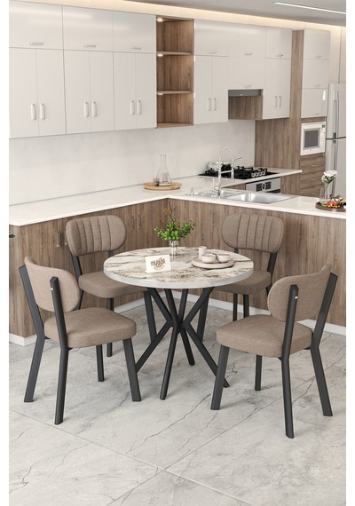 Gnr 90cm Sabit Efes Mutfak Masası Takımı, Yemek Masası, 4 Modern Cappucino Sandalye Cappuccino