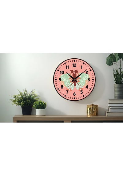 Kelebek Desenli Dekoratif Türkçe Rakamlı Uv Baskılı Duvar Saati Sessiz Akar Mekanizma Metal Akrep Pembe