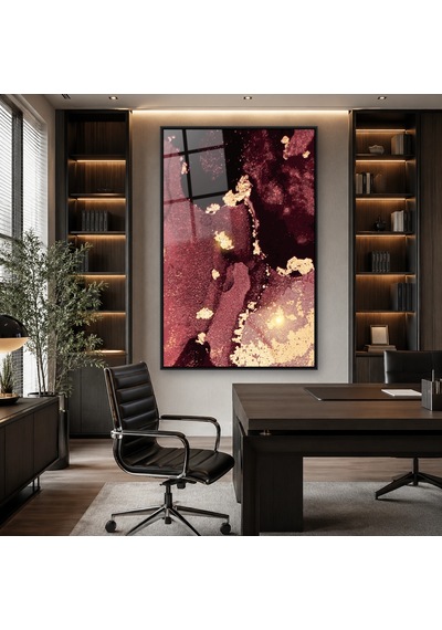 Bordo Siyah Altın Tozlu Soyut Siyah Çerçeveli Cam Tablo