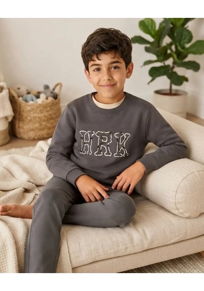 Nakışlı Füme Erkek Çocuk Sweatshirt Modeli