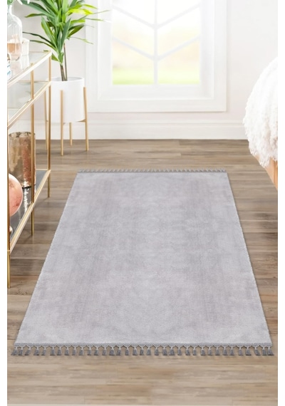 Comfort Oval Overloklu Peluş Halı Gri Gri Ponpon Saçaklı