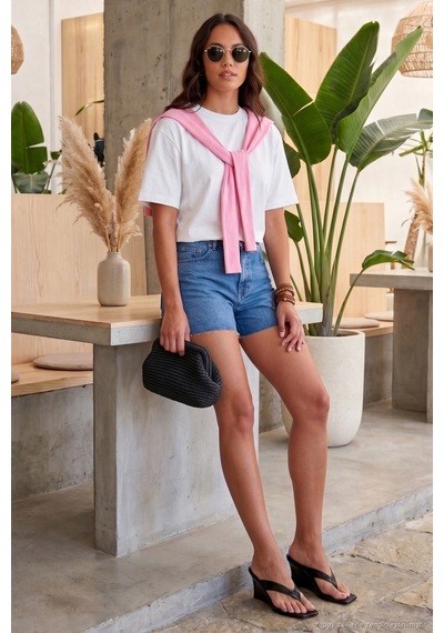 Lela Rahat Kalıp Bisiklet Yaka Omuz Şal Detaylı T Shirt Bayan T Shirt 5867044 Ekru-pembe