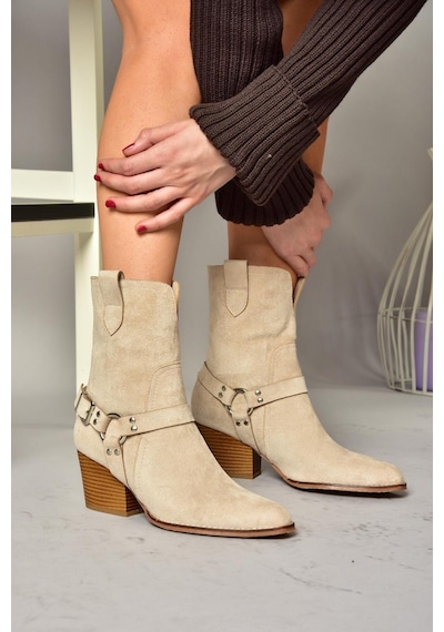 Fox Shoes T296094002 Bej Süet Kovboy Model Kalın Tabanlı Kadın Bot Bej-süet Bej