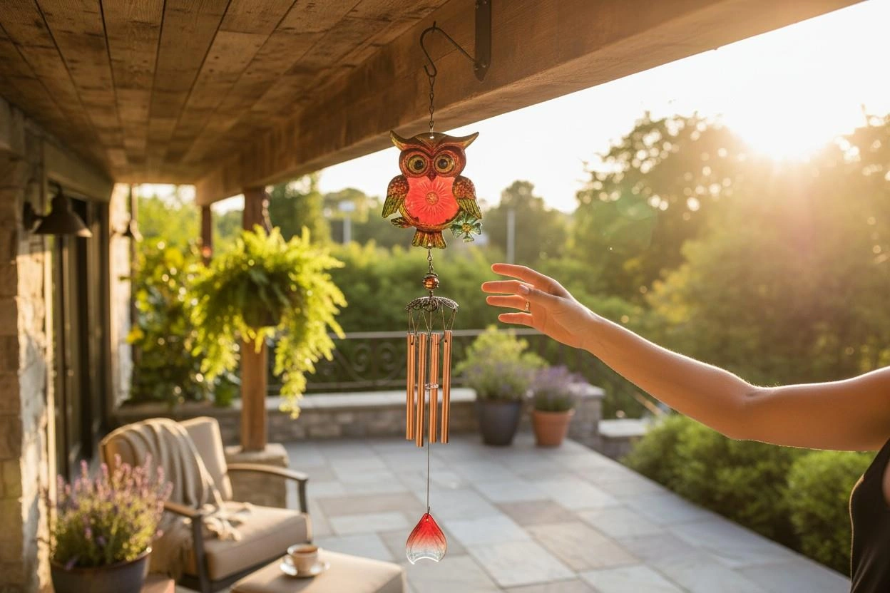 Feng Shui Baykuş Tasarımlı Cam İşlemeli Rüzgar Çanı Bahçe Balkon Dekorasyon Ürünü Yeni Ev Hediyesi 40  Cm