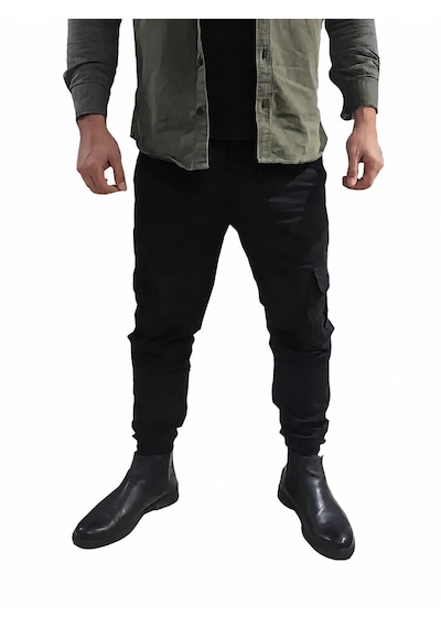 Mrmakas Erkek Kargo Pantolon Likralı Slim Fit Siyah Düz Paça