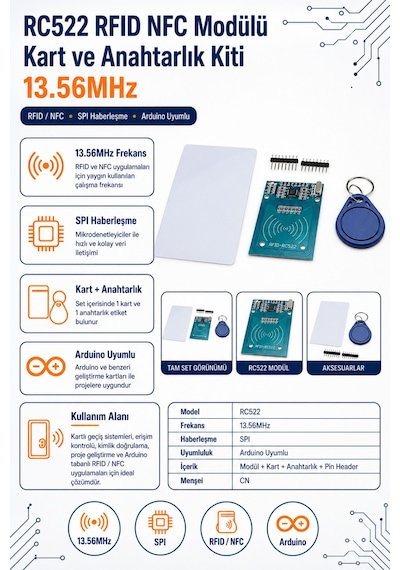 Rc522 Rfıd Nfc Modülü Kart Ve Anahtarlık Kiti 13.56mhz Arduino Uyumlu